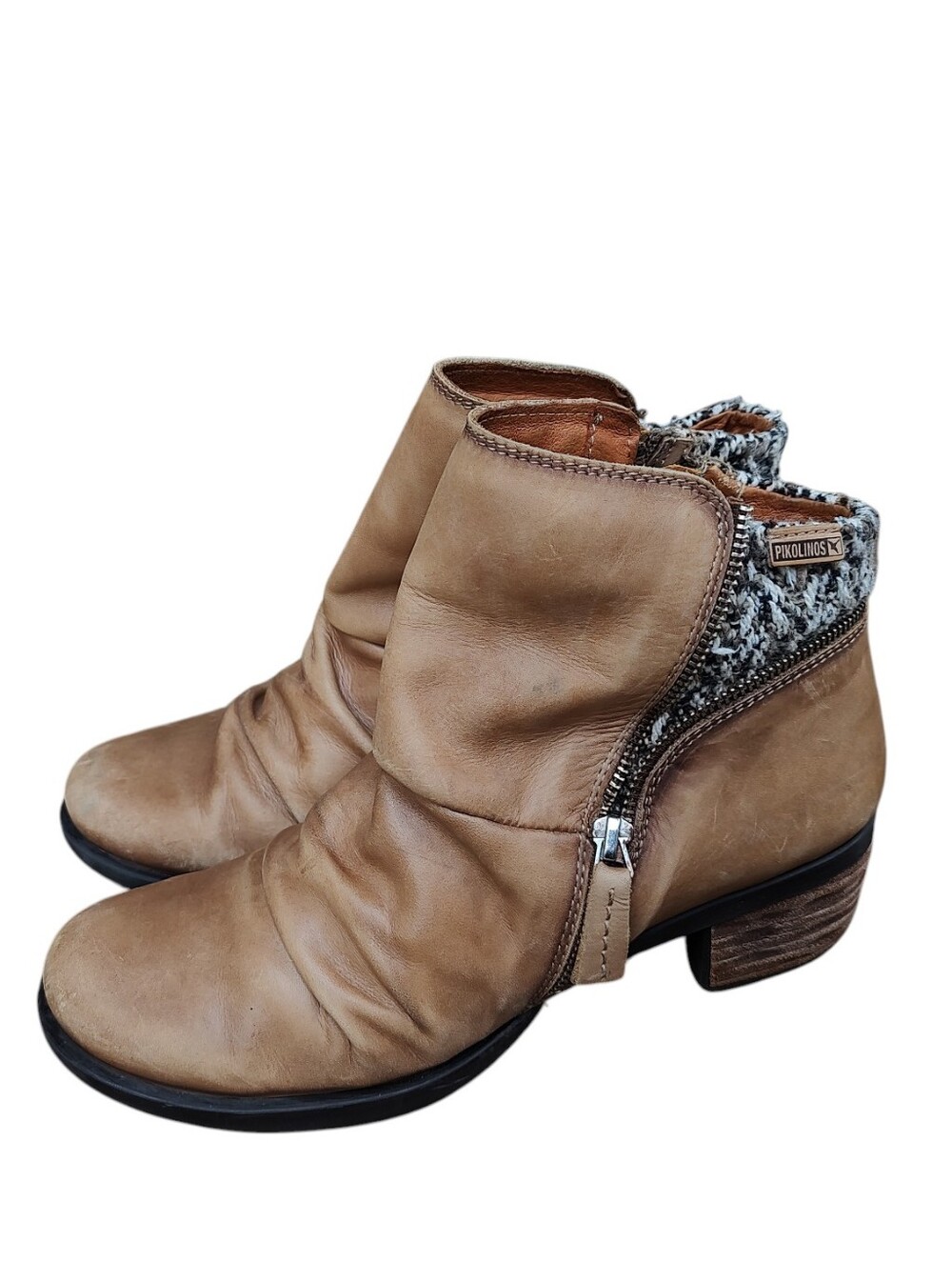 PIKOLINOS Tan Leather Ankle Booties with Knit Collar Accent